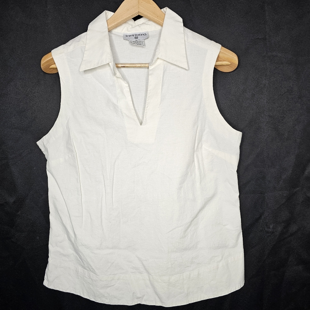 Womens Linen Blend Blouse V-Neck Sleeveless Top Size XL White Classic Money